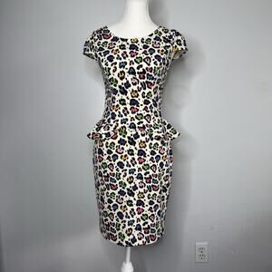 Betsey Johnson Rainbow Leopard Print Peplum Party Dress Women’s 2